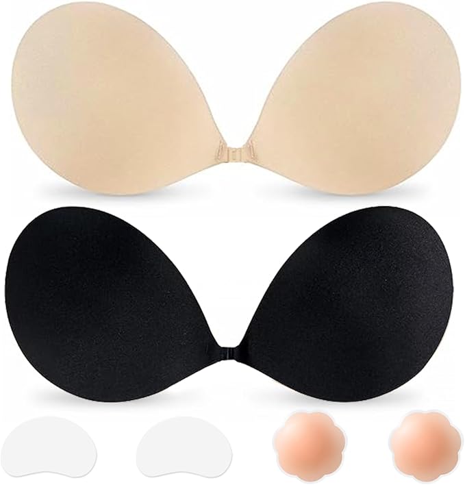 Nsolex Women's Invisible Sticky Bra Inserts & Padding [2-Pair Set] - Reusable Push-Up Breathable Instant Lift Underwear for Women, Nude+Black Adhesive Fabric for Tank Tops, Bridal Events, Waterproof, Sweat-Proof, Nude/Nude Match