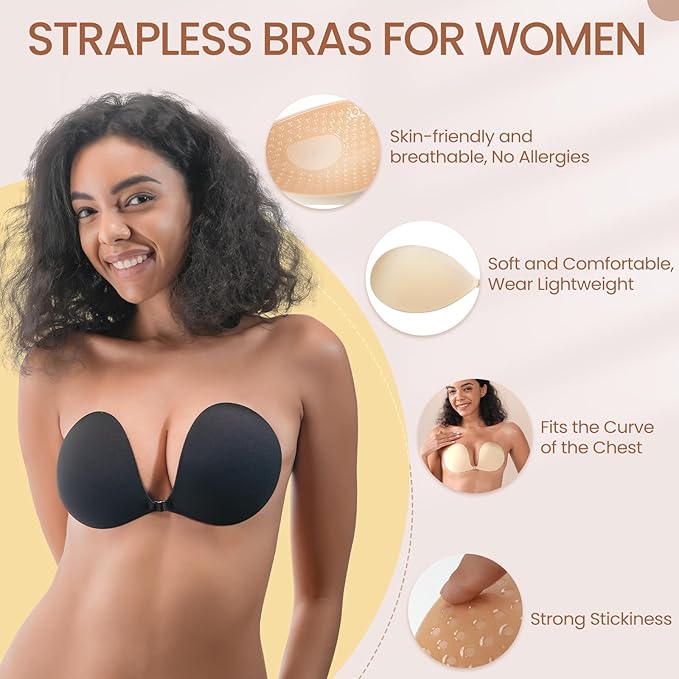 Nsolex Women's Invisible Sticky Bra Inserts & Padding [2-Pair Set] - Reusable Push-Up Breathable Instant Lift Underwear for Women, Nude+Black Adhesive Fabric for Tank Tops, Bridal Events, Waterproof, Sweat-Proof, Nude/Nude Match