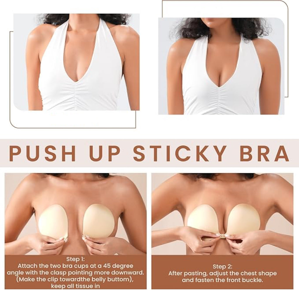 Nsolex Women's Invisible Sticky Bra Inserts & Padding [2-Pair Set] - Reusable Push-Up Breathable Instant Lift Underwear for Women, Nude+Black Adhesive Fabric for Tank Tops, Bridal Events, Waterproof, Sweat-Proof, Nude/Nude Match
