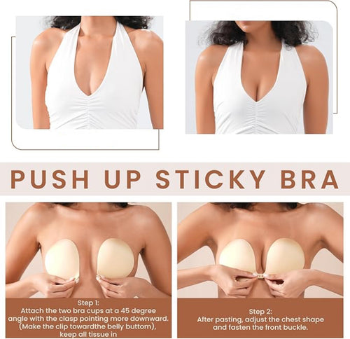 Nsolex Women's Invisible Sticky Bra Inserts & Padding [2-Pair Set] - Reusable Push-Up Breathable Instant Lift Underwear for Women, Nude+Black Adhesive Fabric for Tank Tops, Bridal Events, Waterproof, Sweat-Proof, Nude/Nude Match