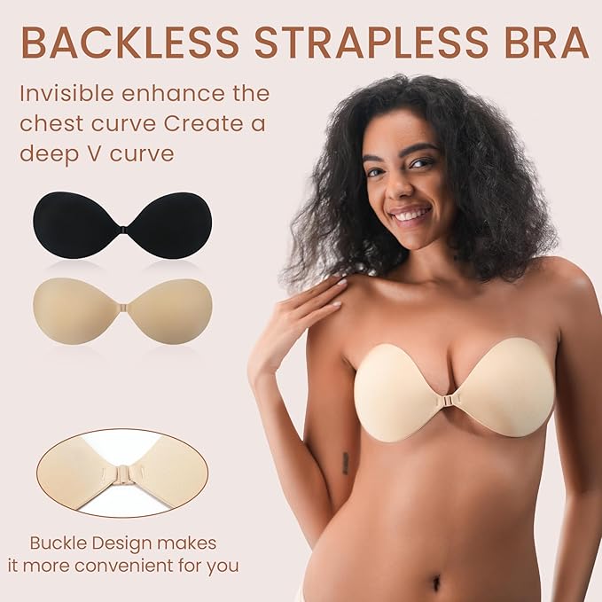 Nsolex Women's Invisible Sticky Bra Inserts & Padding [2-Pair Set] - Reusable Push-Up Breathable Instant Lift Underwear for Women, Nude+Black Adhesive Fabric for Tank Tops, Bridal Events, Waterproof, Sweat-Proof, Nude/Nude Match
