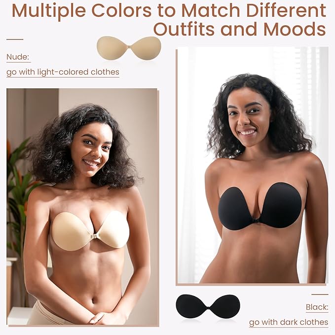 Nsolex Women's Invisible Sticky Bra Inserts & Padding [2-Pair Set] - Reusable Push-Up Breathable Instant Lift Underwear for Women, Nude+Black Adhesive Fabric for Tank Tops, Bridal Events, Waterproof, Sweat-Proof, Nude/Nude Match