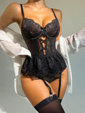 Women's Sheer Mesh Halter Teddy Lingerie - Sexy Bodysuit Underwear with Contrast Lace, Backless Crisscross Cutouts, and Bow Decor