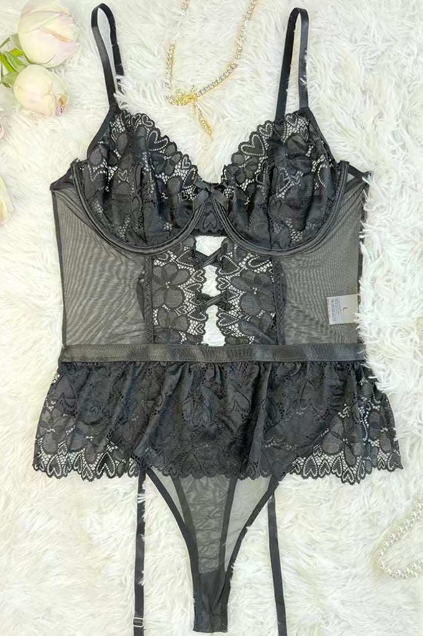 Women's Sheer Mesh Halter Teddy Lingerie - Sexy Bodysuit Underwear with Contrast Lace, Backless Crisscross Cutouts, and Bow Decor